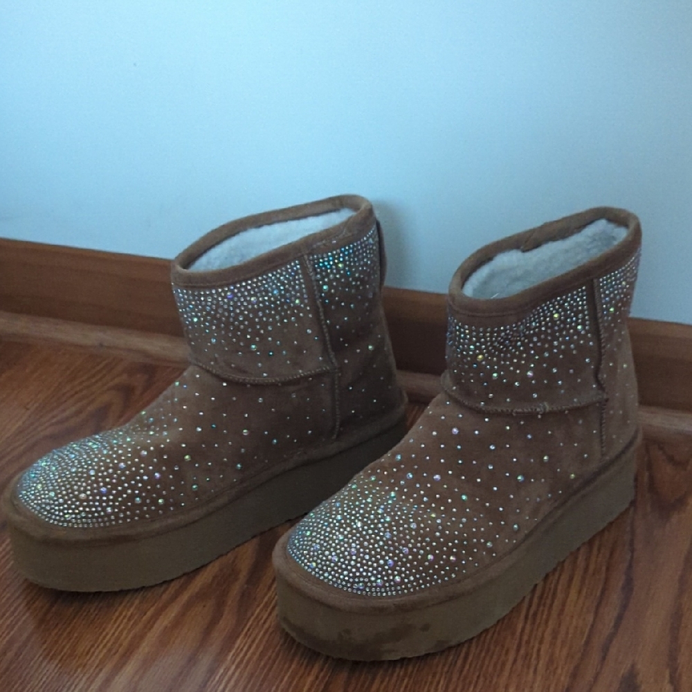 Women's Brown Suede Ankle Boots with Rhinestones